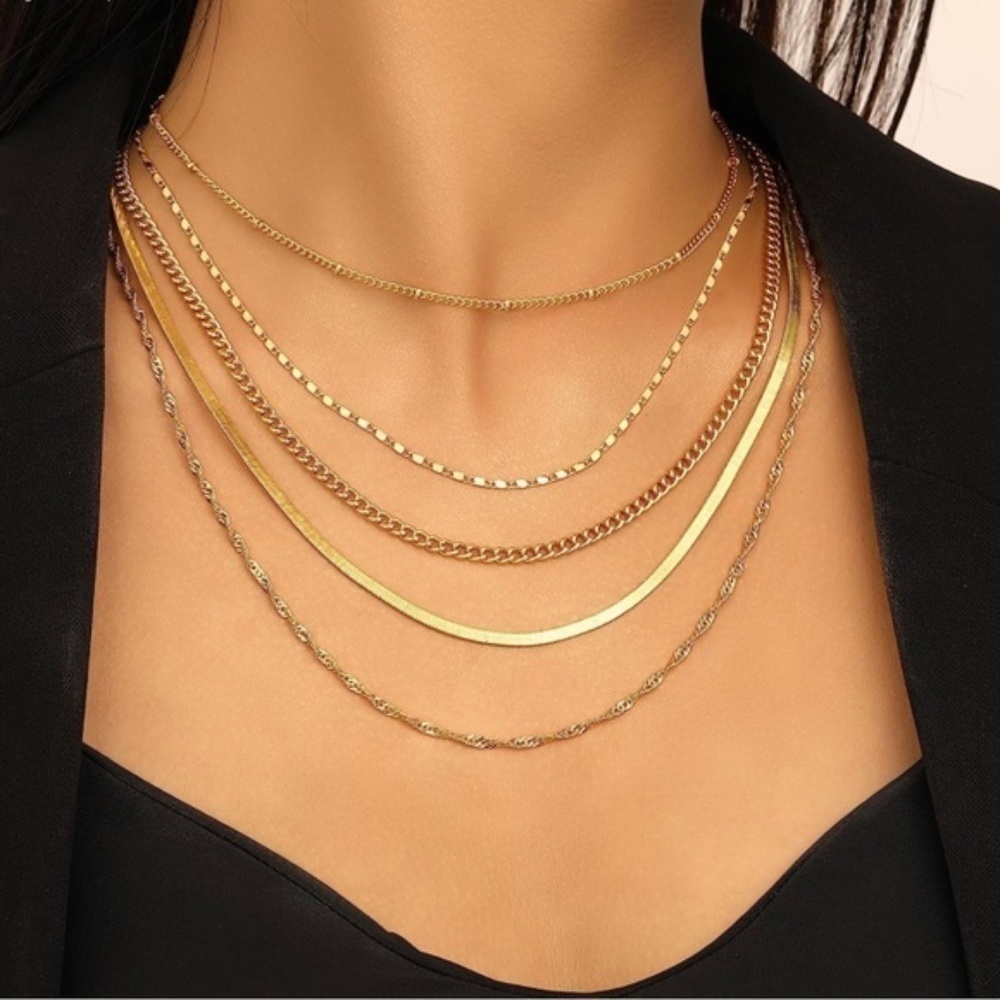 GOLD 14k Gold Plated 5pc Chain Necklace Set